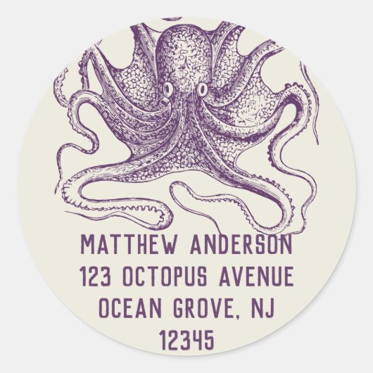 Paarse octopus ronde retour adreslabels sticker (Voorkant)