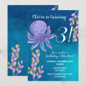 Paarse octopus verjaardagsuitnodiging kaart (Voorkant / Achterkant)