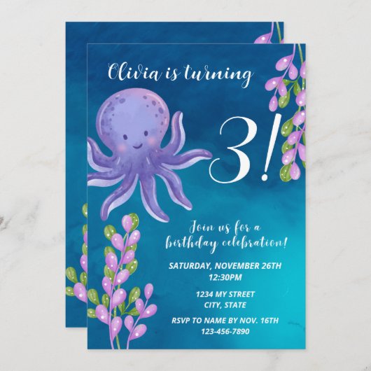 Paarse octopus verjaardagsuitnodiging kaart (Voorkant / Achterkant)