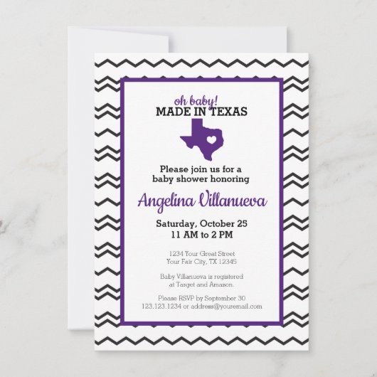 Paarse Oh Baby! Chevron Made in Texas Shower Kaart (Voorkant)