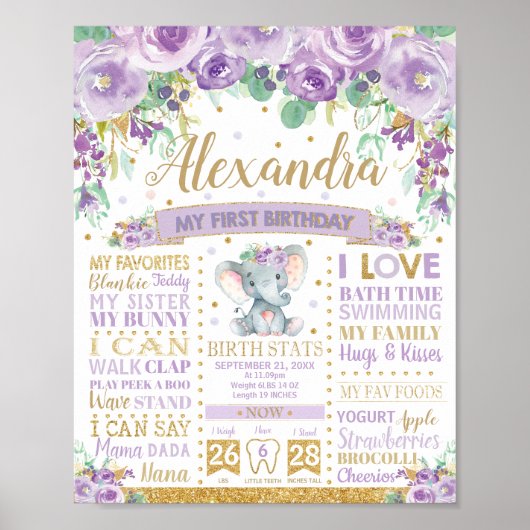 Paarse olifant 1e verjaardag van de Meenstone Birt Poster (Voorkant)
