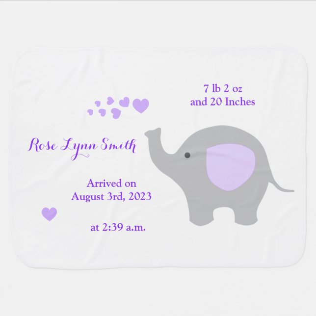 Paarse olifant Baby geboorte Stats Announcement Gi Inbakerdoek (Horizontaal)