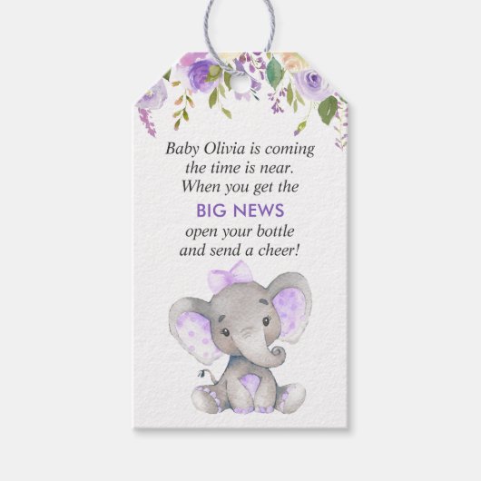 Paarse Olifant Baby Meisje Douche Mini Fles Favor Cadeaulabel (Voorkant)
