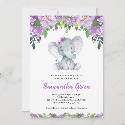 Paarse Olifant Baby Shower Kaart (Voorkant)