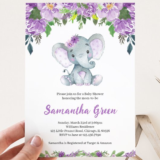 Paarse Olifant Baby Shower Kaart