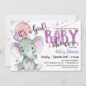 Paarse olifant Baby shower meisje uitnodiging (Voorkant)