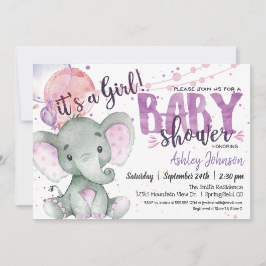 Paarse olifant Baby shower meisje uitnodiging (Voorkant)