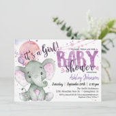 Paarse olifant Baby shower meisje uitnodiging (Staand voorkant)