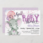 Paarse olifant Baby shower meisje uitnodiging (Voorkant / Achterkant)