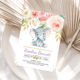 Paarse Olifant Bloemen Baby Shower Uitnodiging