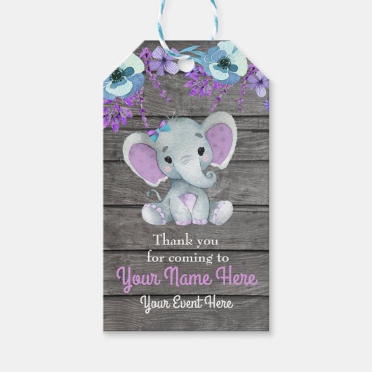 Paarse olifant dank u Label rustieke bloemen Cadeaulabel (Voorkant)
