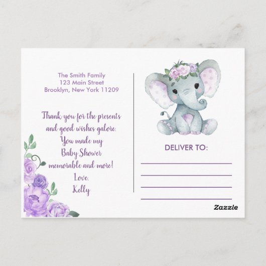 Paarse Olifant Dank u Rozen Meisje Briefkaart (Achterkant)