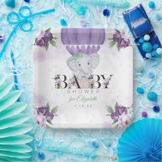 Paarse olifant heteluchtballon Baby shower Papieren Bordje (Feest)