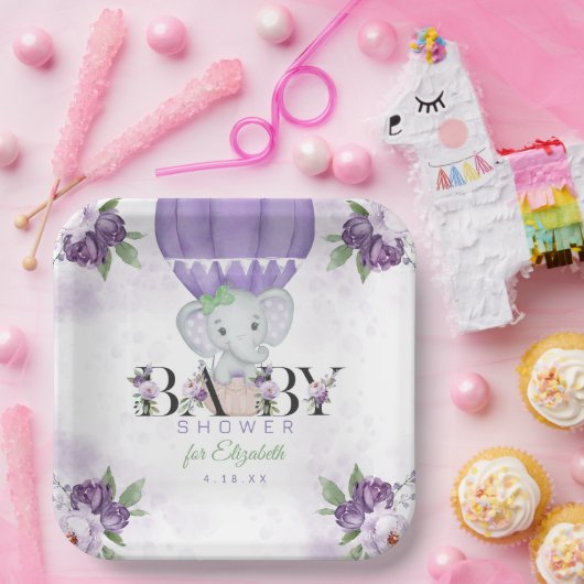 Paarse olifant heteluchtballon Baby shower Papieren Bordje (Feest)