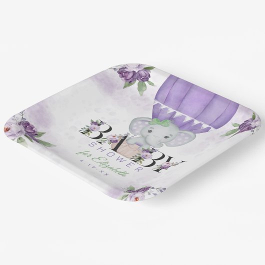 Paarse olifant heteluchtballon Baby shower Papieren Bordje (Gebogen)