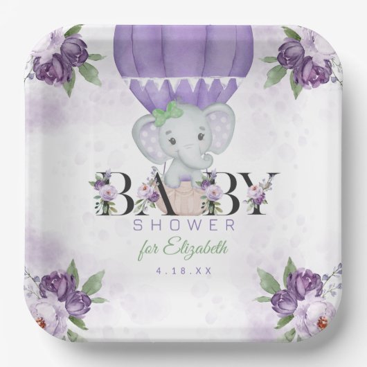 Paarse olifant heteluchtballon Baby shower Papieren Bordje (Voorkant)
