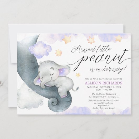 Paarse olifant lieve kleine pinda baby shower kaart (Voorkant)