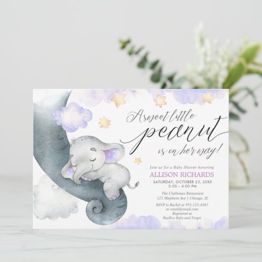 Paarse olifant lieve kleine pinda baby shower kaart (Staand voorkant)