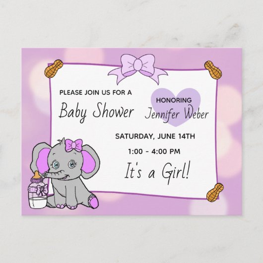  Paarse Olifant Meisje Baby shower Briefkaart (Voorkant)