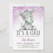 Paarse olifant meisje Baby shower uitnodiging (Voorkant)