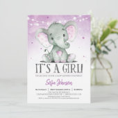Paarse olifant meisje Baby shower uitnodiging (Staand voorkant)
