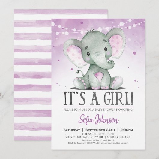 Paarse olifant meisje Baby shower uitnodiging (Voorkant / Achterkant)