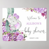 Paarse olifant meisje floral baby shower welkom poster (Voorkant)