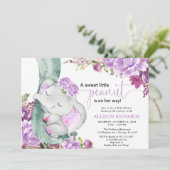 Paarse olifant meisje floreel baby shower kaart (Staand voorkant)
