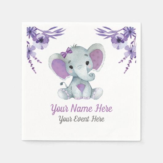 Paarse Olifant Meisje Napkins Baby shower Verjaard Servet (Voorkant)