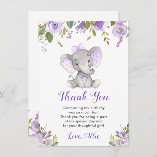 Paarse olifant meisje verjaardagsfeestje kleine pi bedankkaart (Voorkant / Achterkant)