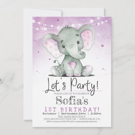 Paarse olifant meisje verjaardagsfeestje uitnodigi kaart (Voorkant)