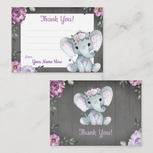 Paarse olifant rustieke dank u kaart visitekaartje (Voorkant / Achterkant)