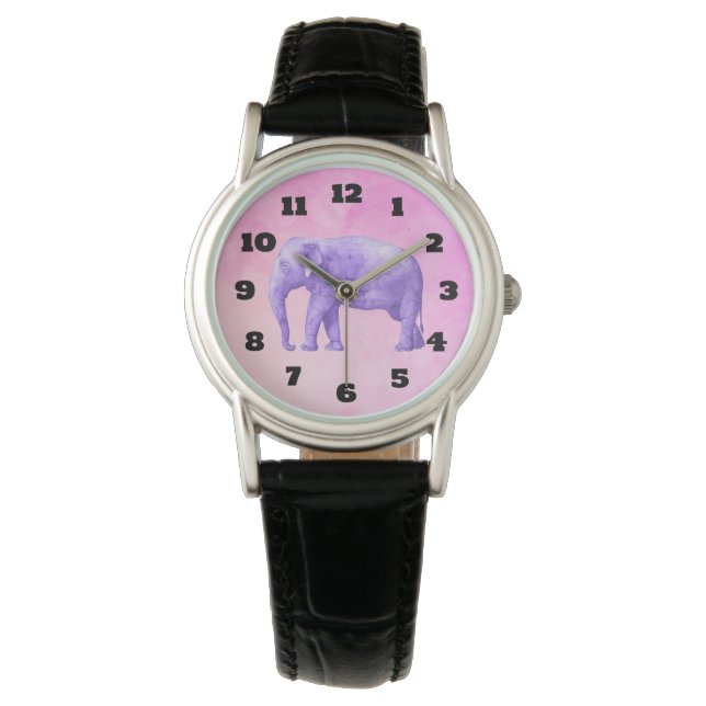 Paarse olifant voor droomroze Waterverven Horloge (Voorkant)