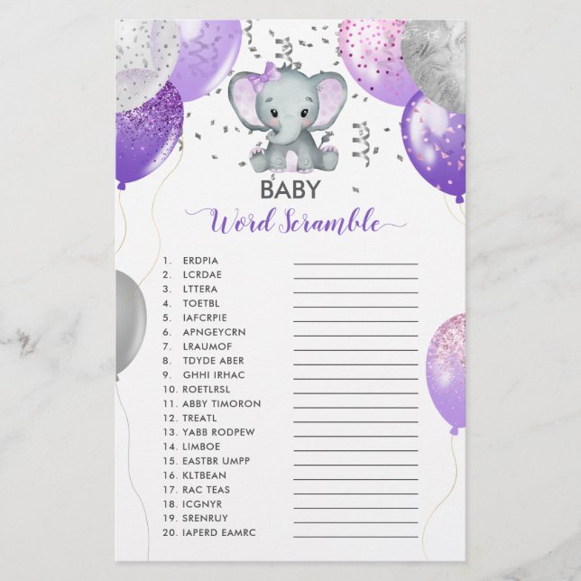 Paarse olifant Waterverf Baby Woord Scramble (Voorkant)