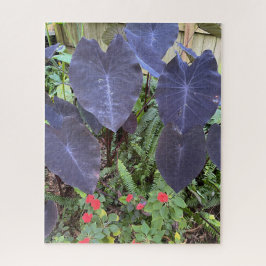 Paarse olifantenoren, rode impatiens, groene varen legpuzzel