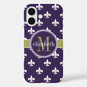 Paarse Olijfgroene witte vloour de Lis Monogram iPhone 16 Hoesje