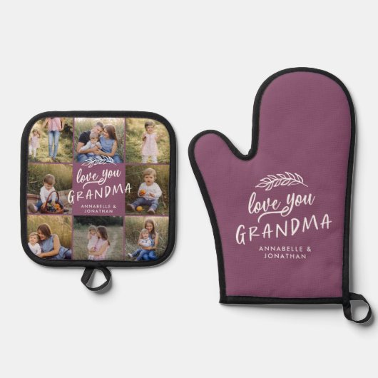 Paarse oma multi foto cadeau ovenwant & pannenlap set (Voorkant)