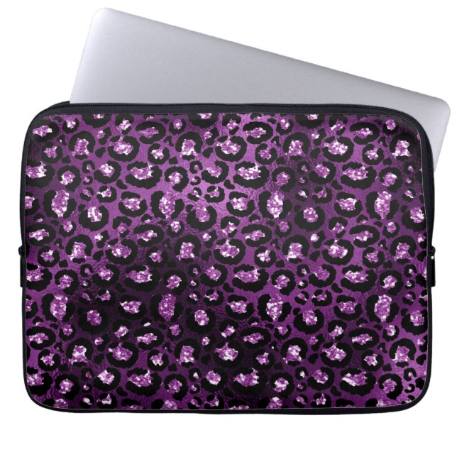 Paarse ombre & Black Glam Glitter Leopard Spots Laptop Sleeve (Voorkant)