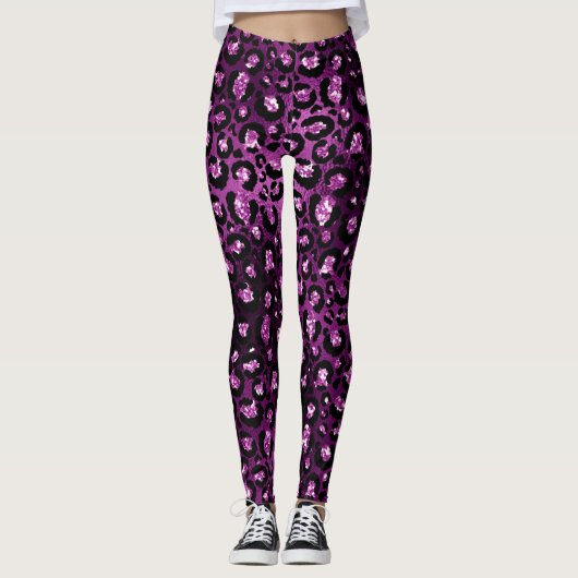 Paarse ombre & Black Glam Glitter Leopard Spots Leggings (Voorkant)