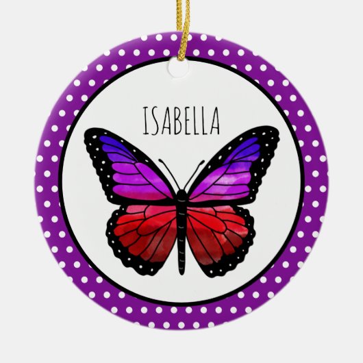 Paarse Ombre Butterfly Polka Dot gepersonaliseerd Keramisch Ornament (Voorkant)