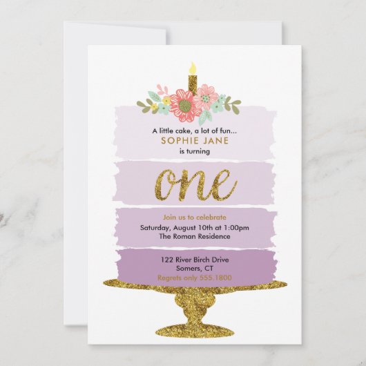 Paarse Ombre Cake First Birthday Uitnodiging (Voorkant)