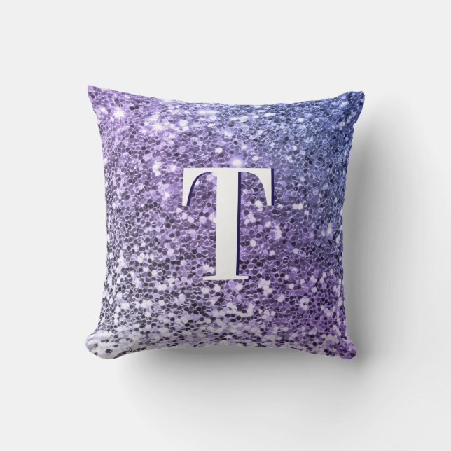 Paarse Ombre Chunky Glitter Monogram Kussen (Voorkant)