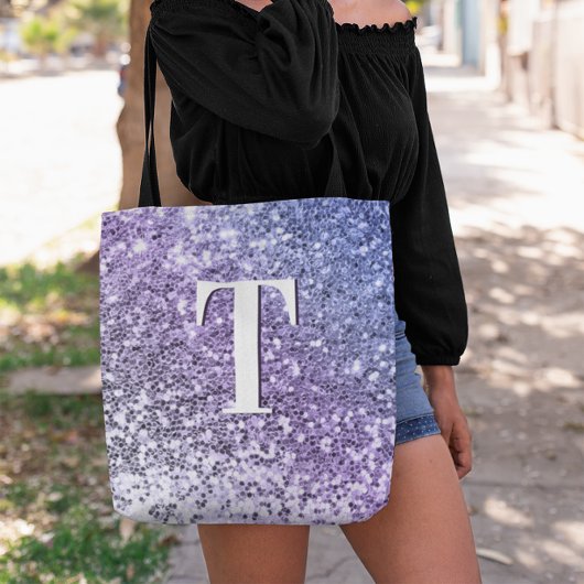Paarse Ombre Chunky Glitter Monogram Tote Bag