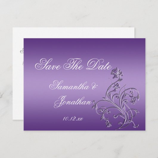 Paarse Ombre  Floral Swirls Bewaar de datum Aankondigingskaart (Voorkant / Achterkant)