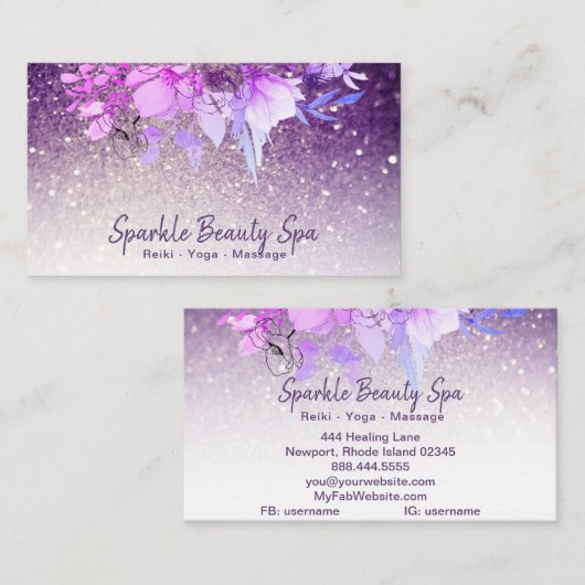~ Paarse Ombre Glitter Beauty Floral Spa Visitekaartje (Voorkant / Achterkant)