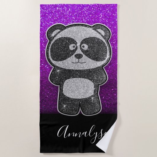Paarse Ombre Glitter Black White Panda Beer Bling Strandlaken (Voorkant)