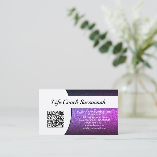 Paarse Ombre Glitter QR Code Professional Visitekaartje (Staand voorkant)