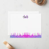 Paarse Ombre Glitter Strijdt Manuscript Monogramed Notitiekaartje (Voorkant / Achterkant in situ)