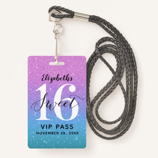 Paarse Ombre Glitter, zoet 16 Birthday VIP Badge (Voorkant met draagriem)