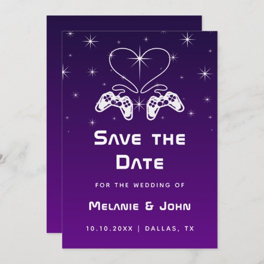Paarse ombre gradiënt gamer Nerdy Geek Cute Save The Date (Voorkant / Achterkant)